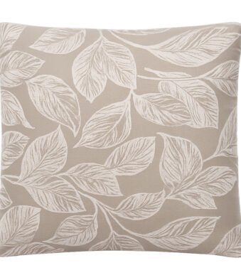 Elegant beige leaf print cushion cover with botanical pattern for sofa and living room décor