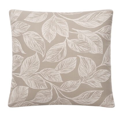 Elegant beige leaf print cushion cover with botanical pattern for sofa and living room décor