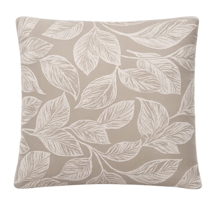 Elegant beige leaf print cushion cover with botanical pattern for sofa and living room décor